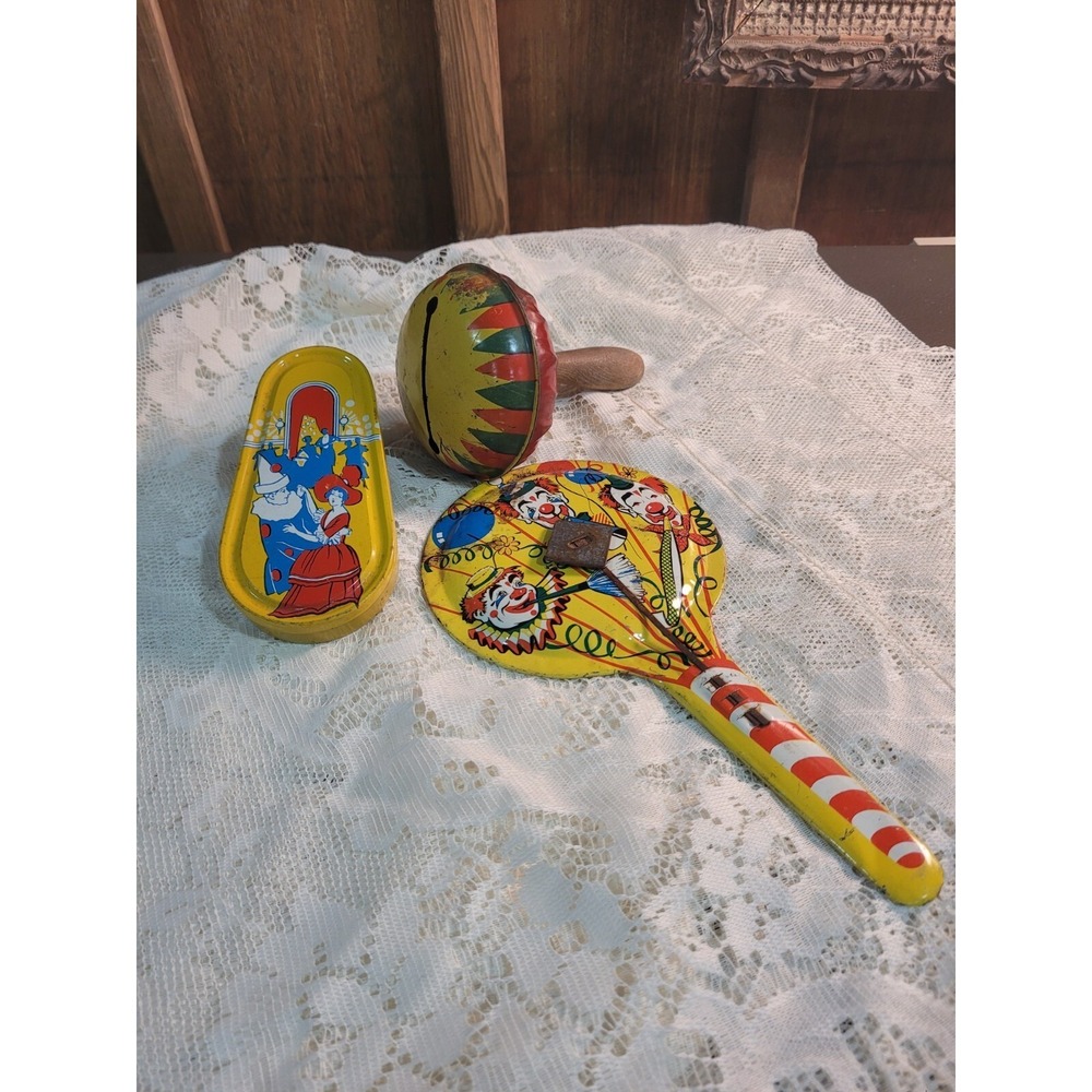 Vintage 1950s Kirchhof Tin Noisemakers Lot 3 Clown Litho Wooden Handle USA